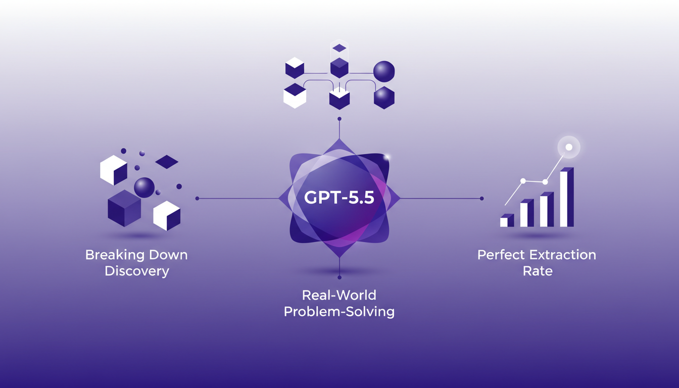 Modern illustration depicting autonomous problem-solving by GPT-5.5 with geometric shapes and violet gradients.