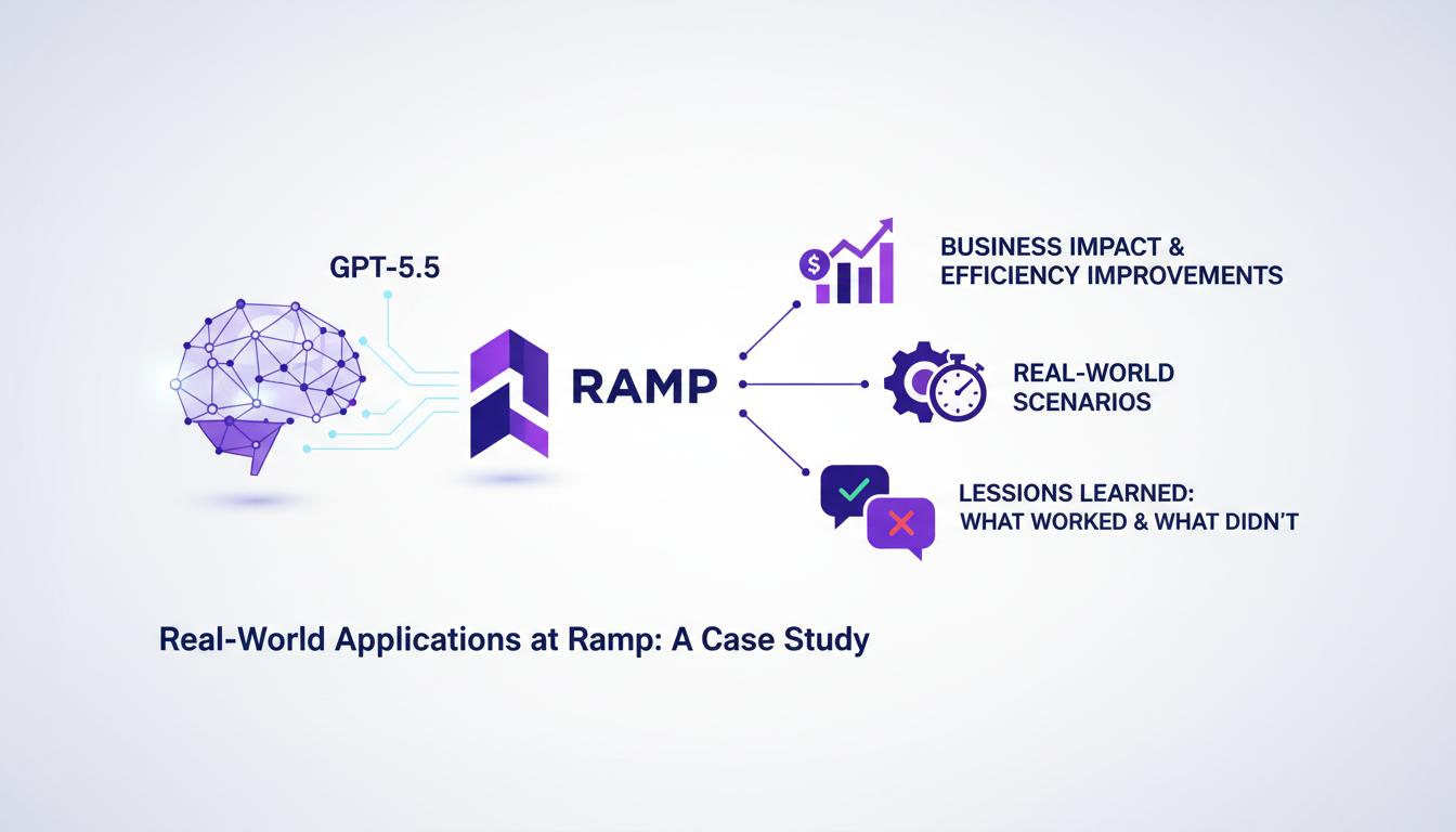 Modern, professional illustration depicting Ramp's real-world use of GPT-5.5, highlighting business efficiency improvements.