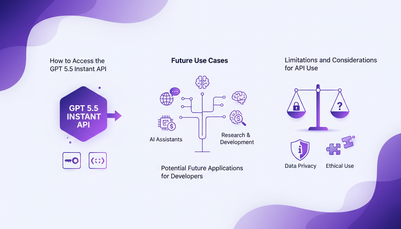 Illustration moderne de l'API GPT 5.5 Instant, montrant la disponibilité et les futurs cas d'utilisation pour les développeurs.
