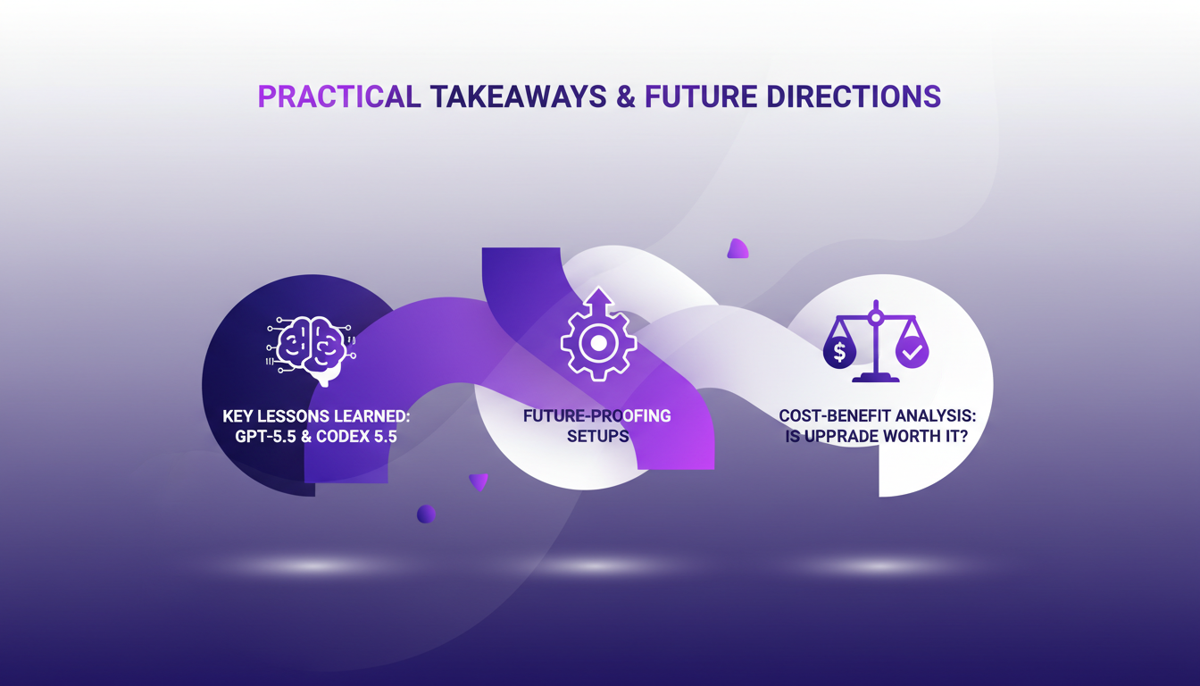 Modern illustration of future directions and practical takeaways from GPT-5.5, featuring geometric shapes and indigo-violet gradients.