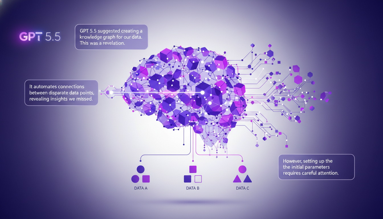 Illustration moderne de la création de graphes de connaissances simplifiée avec GPT 5.5, utilisant des formes géométriques et des dégradés.