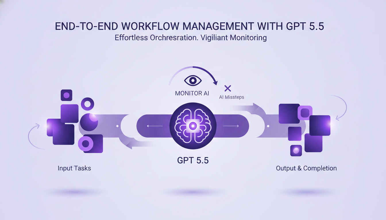 Illustration moderne montrant la gestion de flux de travail de bout en bout avec GPT 5.5, intégration fluide et réduction des goulots d'étranglement.