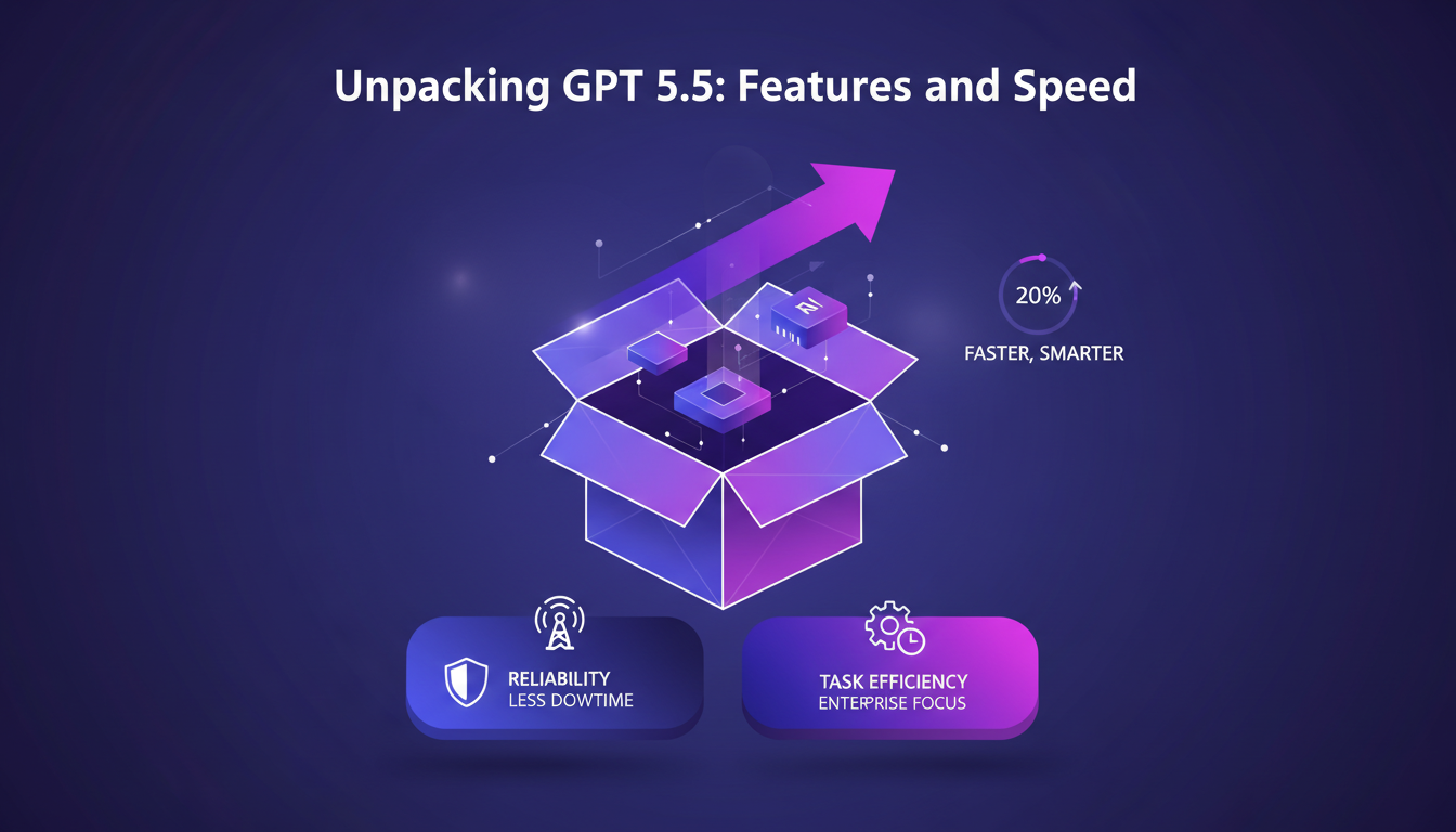 Modern illustration of GPT 5.5 highlighting speed, efficiency, and reliability with geometric shapes and indigo hues.