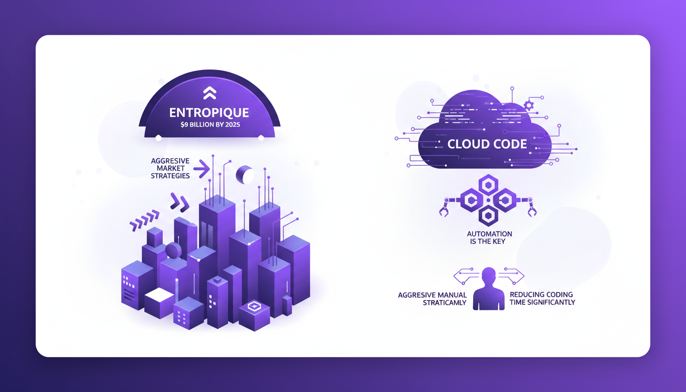 Modern illustration of Entropique's market strategy and Cloud Code impact, featuring geometric shapes and indigo gradients.