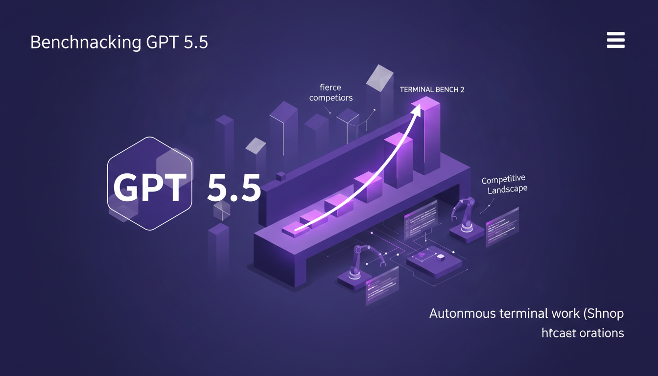 Modern illustration depicting GPT 5.5 benchmarking against competitors, showcasing performance gains in indigo and violet hues.