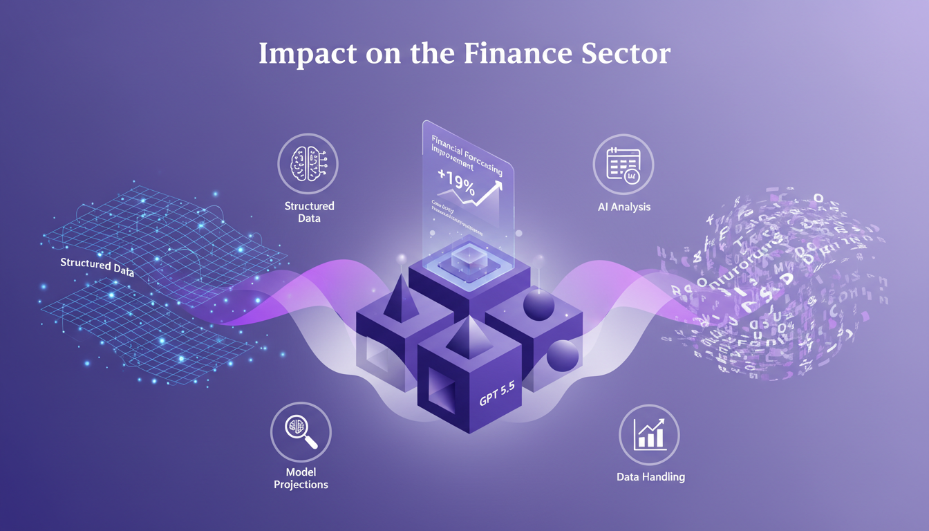 Illustration moderne de l'impact de GPT 5.5 sur le secteur financier, montrant des projections améliorées de 19 points, avec des formes géométriques indigo.