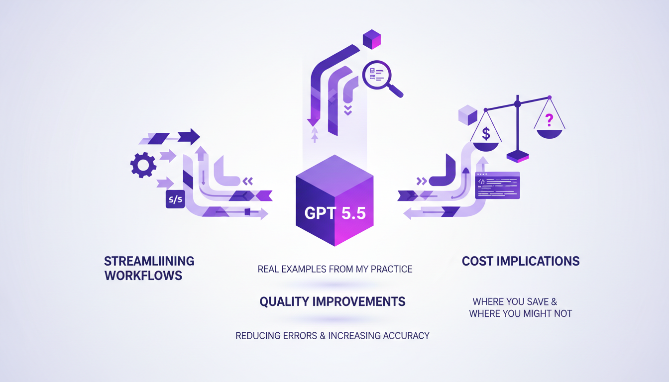 Illustration moderne de l'efficacité du travail intellectuel avec GPT 5.5, montrant des flux de travail rationalisés et des améliorations de qualité.