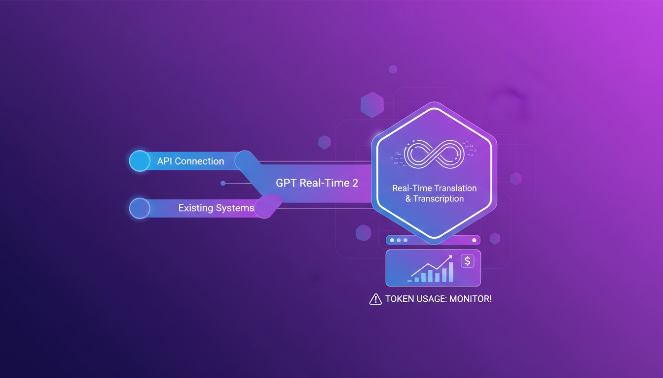 Modern illustration of setting up GPT Real-Time 2 integration with API, enabling real-time translation, using indigo and violet palette.