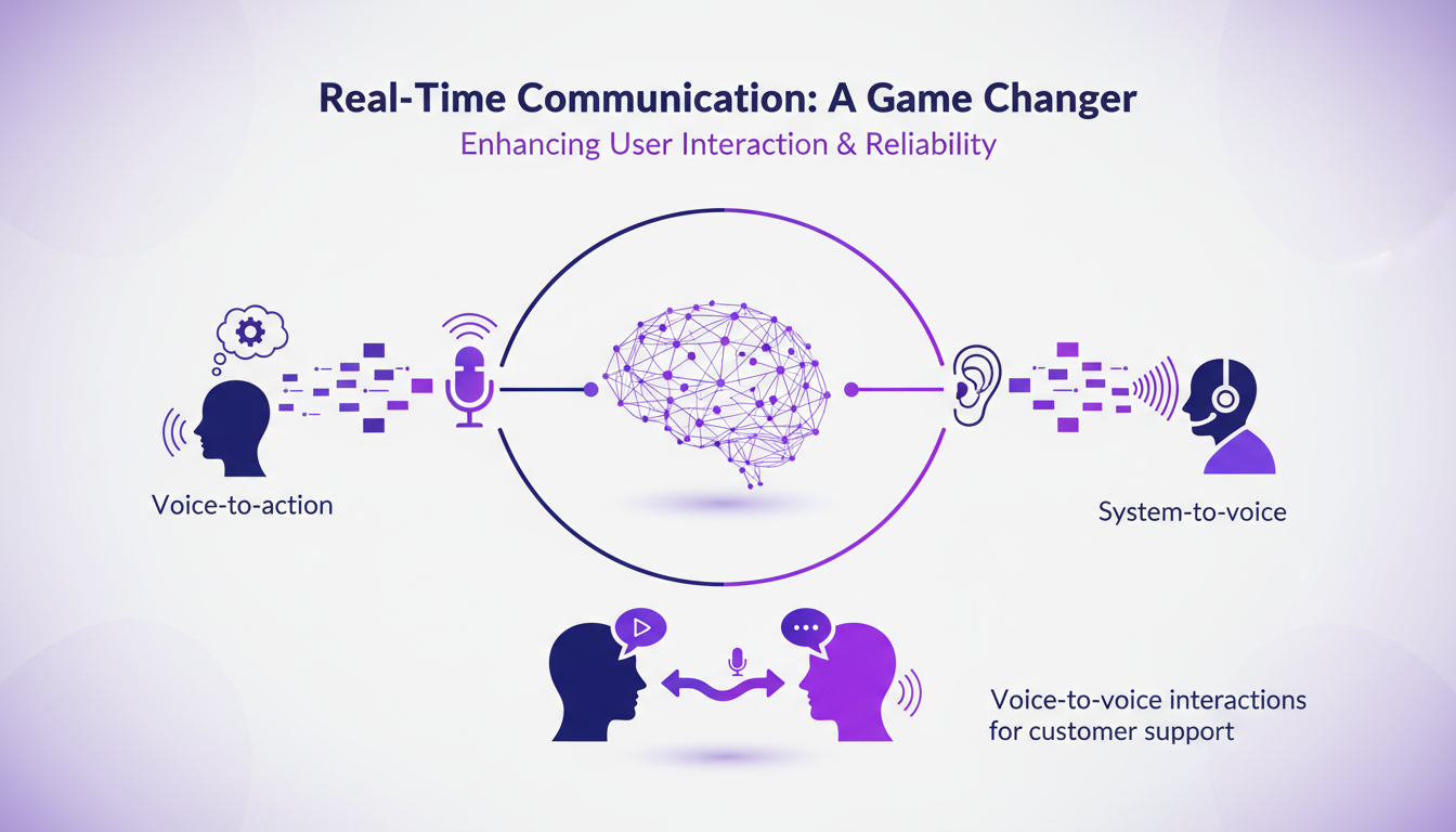 Modern illustration of real-time communication, featuring AI for customer support, with geometric shapes and gradient overlays.
