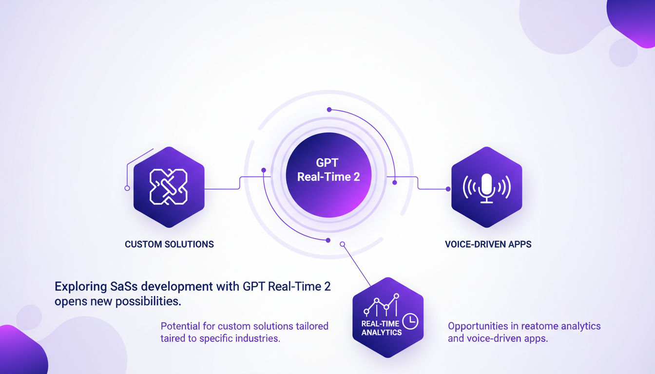 Modern illustration of future applications and SaaS development with GPT Real-Time 2, focusing on innovation and real-time analytics.