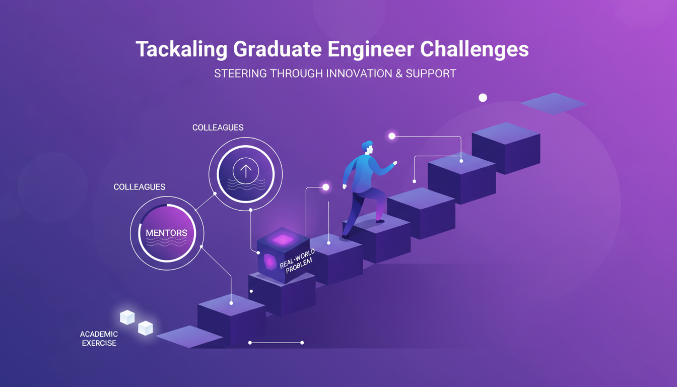 Illustration moderne sur les défis des ingénieurs diplômés, montrant la courbe d'apprentissage, problèmes réels, réseau de soutien.