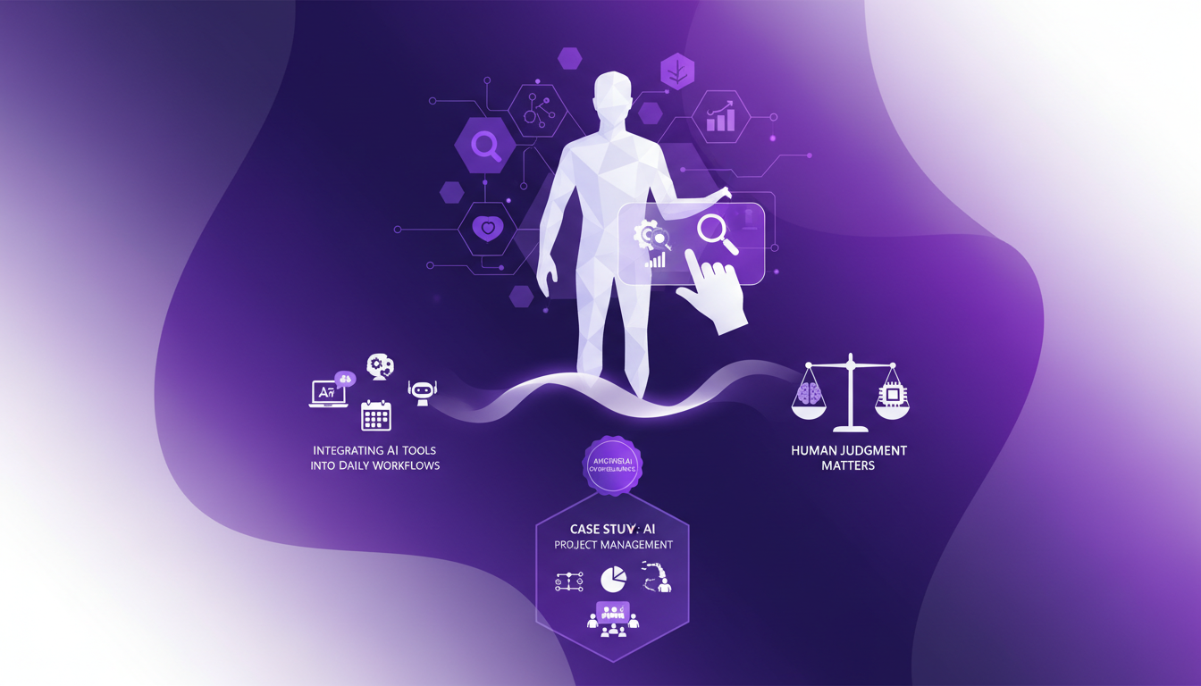 Illustration moderne de l'intégration de l'IA au travail avec des formes géométriques et des dégradés indigo et violet.