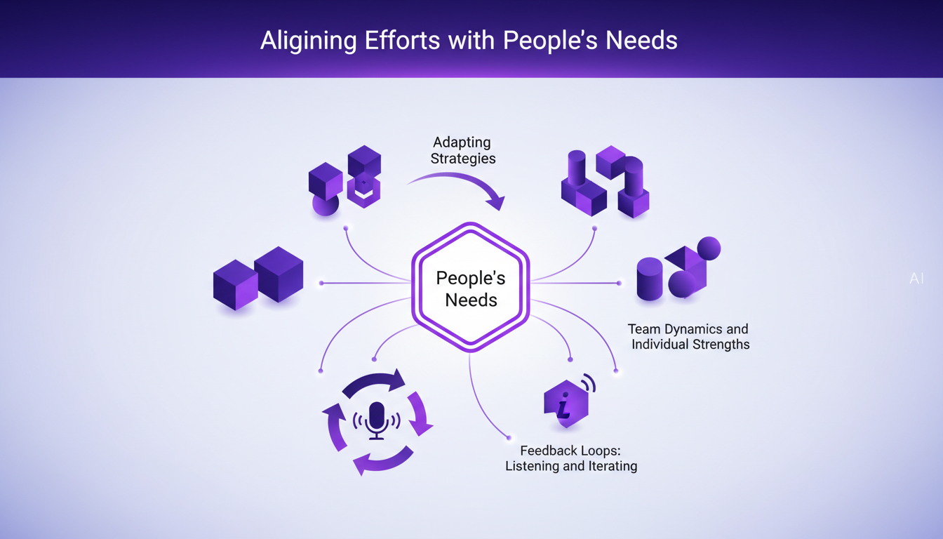 Illustration moderne minimaliste montrant l'alignement des efforts avec les besoins des personnes.