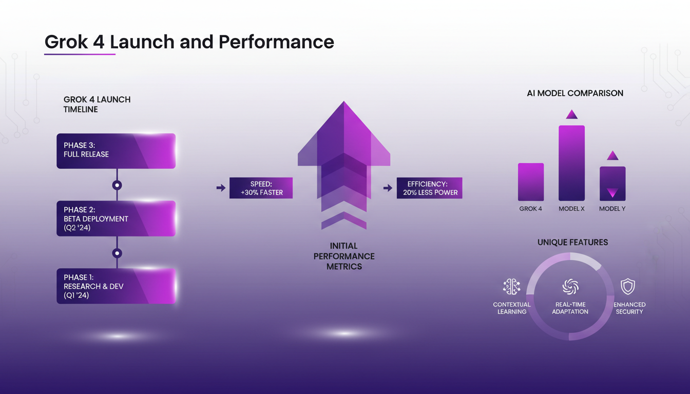 Modern illustration of Grok 4's launch performance, comparing its speed and efficiency with other AI models, featuring geometric shapes.