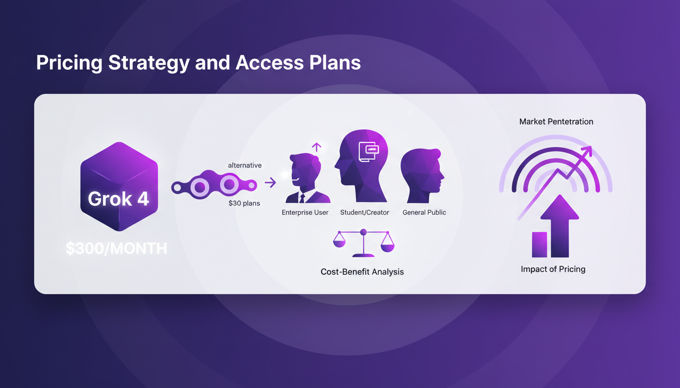Modern illustration of pricing strategy and access plans, comparing Grok 4 at $300 with $30 alternatives, in AI technology context.