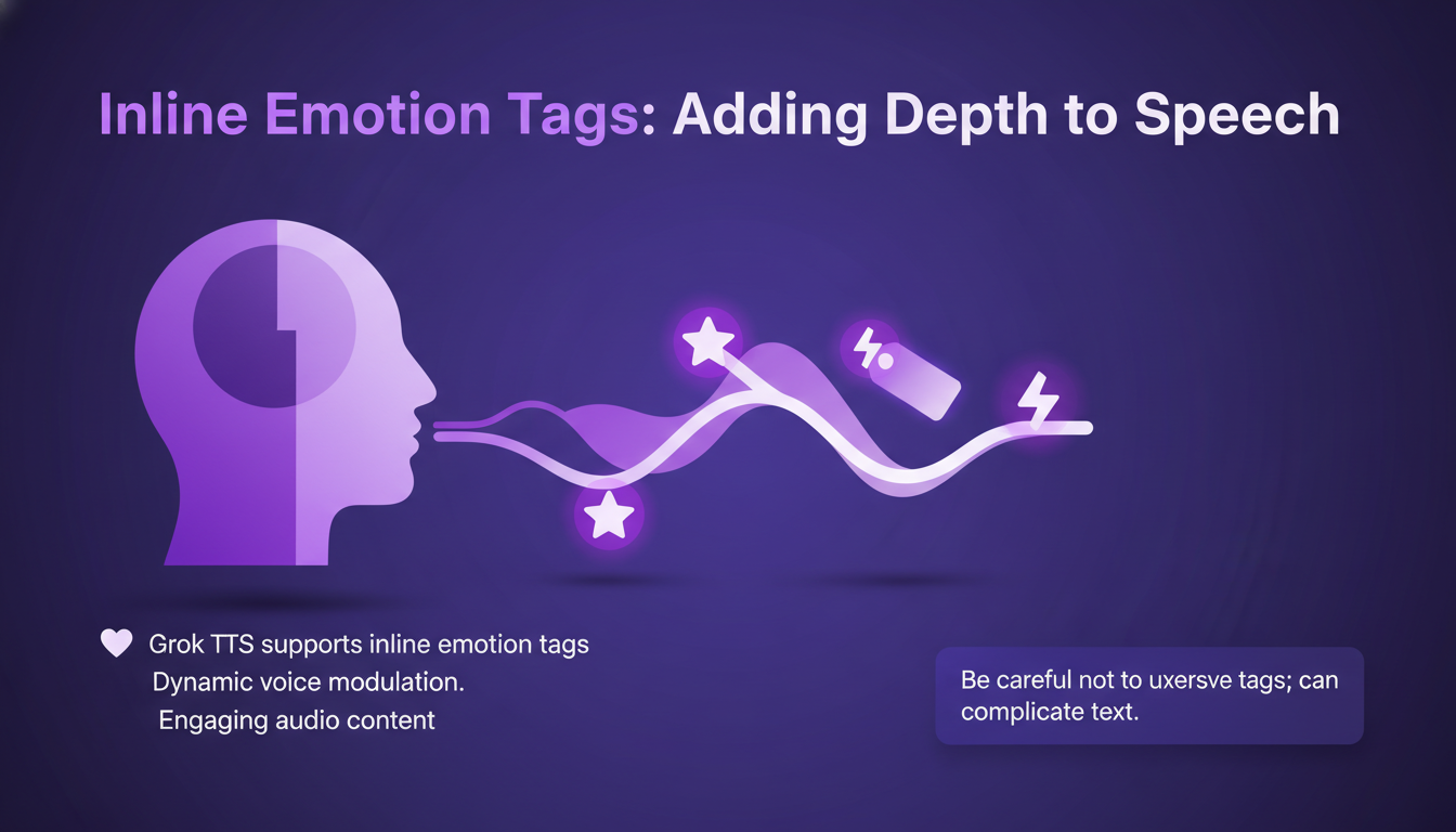 Illustration moderne montrant des balises d'émotion en ligne dans la synthèse vocale, avec des formes géométriques et des dégradés violets.