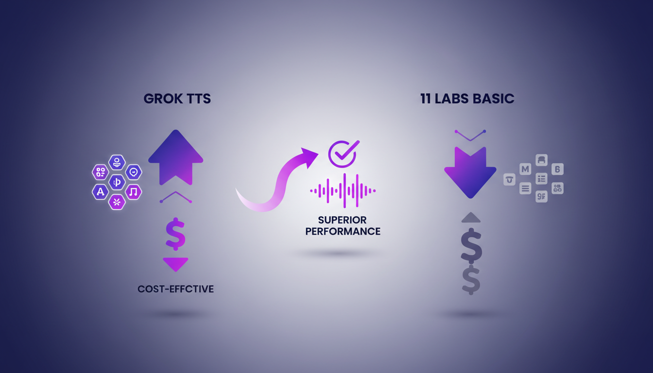 Illustration moderne comparant Grok TTS et 11 Labs, mettant en avant plus de voix et langues de Grok TTS, et son coût avantageux.