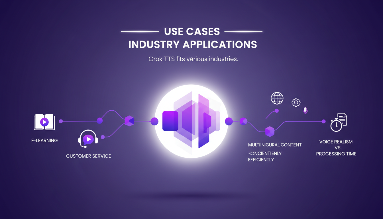 Illustration moderne sur les applications industrielles de Grok TTS, utilisant des formes géométriques et des couleurs indigo et violet.