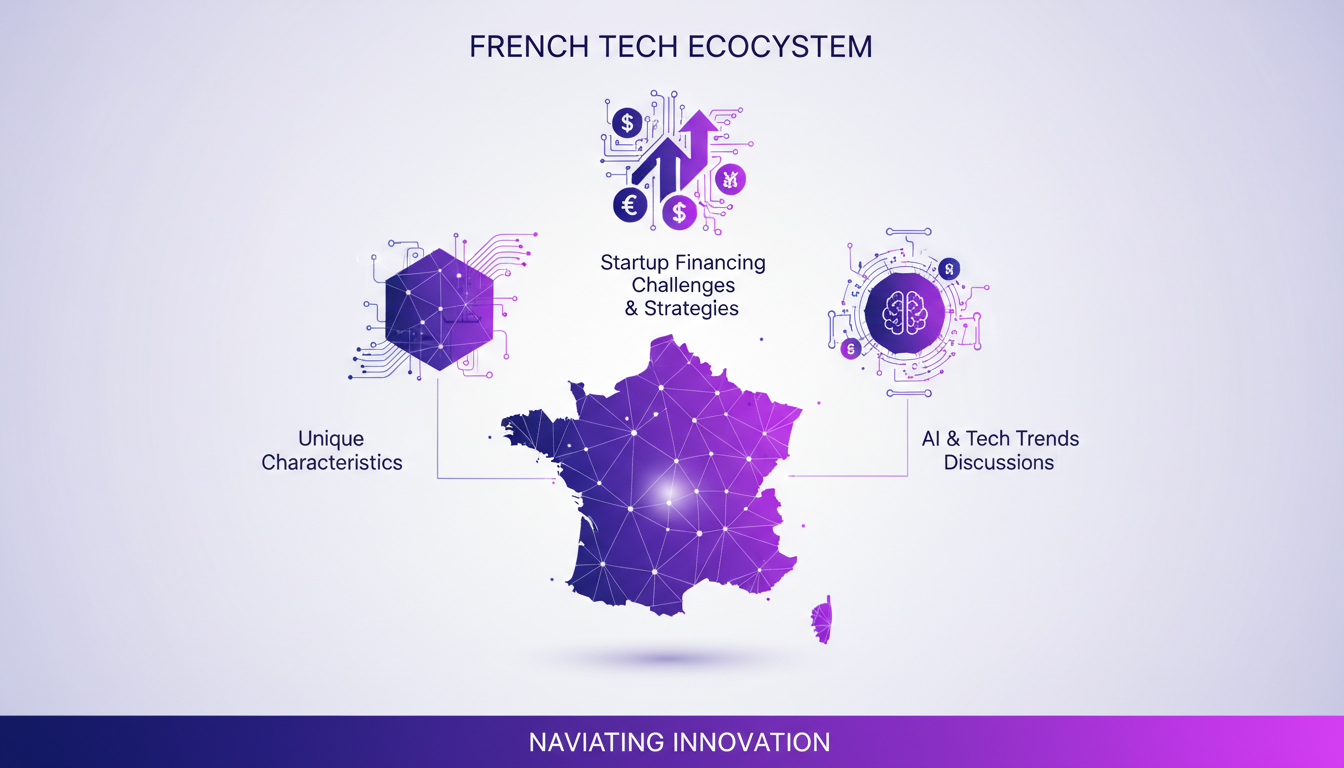 Modern minimalist illustration of the French tech ecosystem, featuring geometric shapes and indigo-violet gradients for a tech blog.
