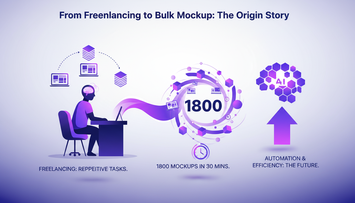 Modern illustration depicting the journey from freelancing to bulk mockup creation, featuring geometric shapes and violet gradients.