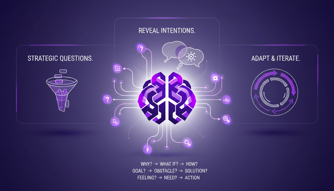 Illustration moderne sur la découverte des motivations par les questions, utilisant des formes géométriques et des dégradés indigo et violet.