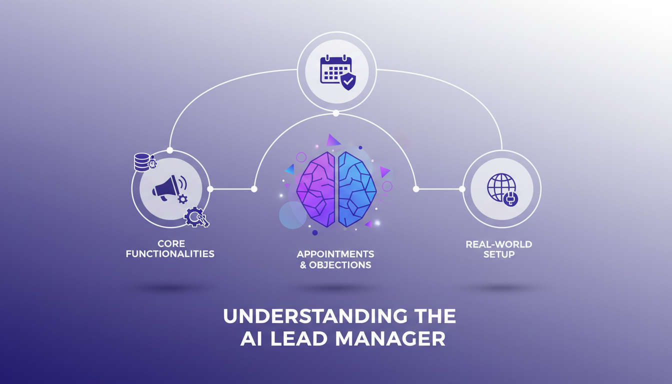 Modern illustration of an AI lead manager highlighting core functions like appointment setting, in a minimalist style with deep indigo tones.