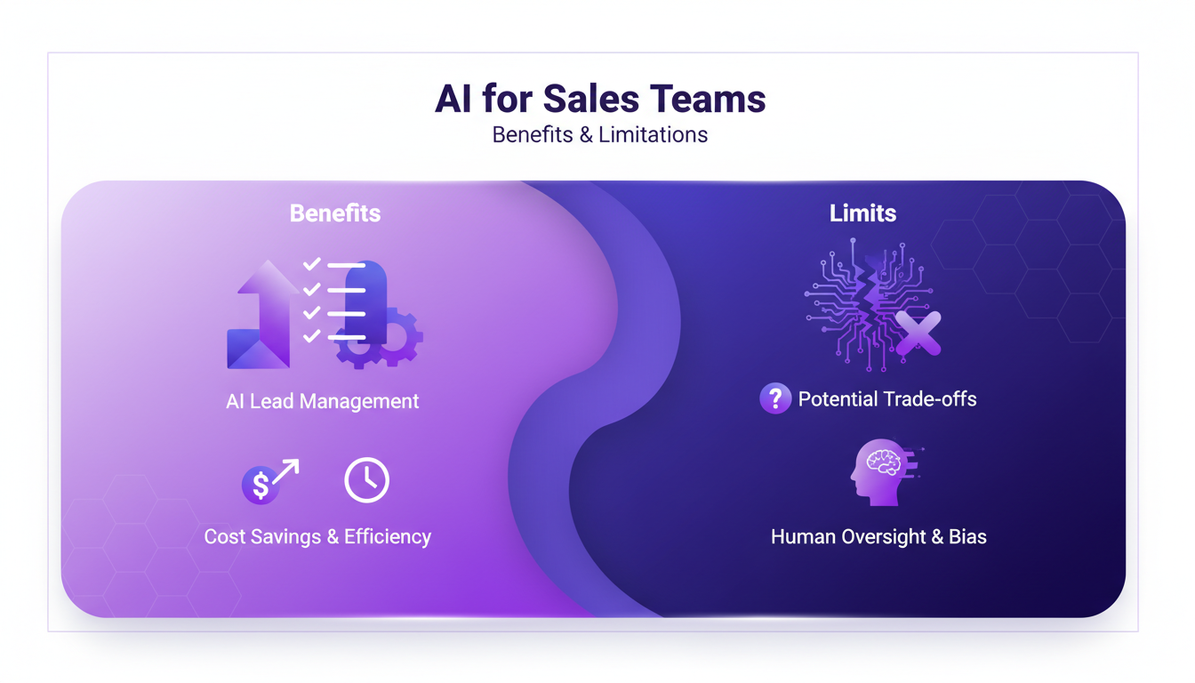 Modern illustration depicting AI benefits and limits for sales teams, featuring geometric shapes and violet gradients.