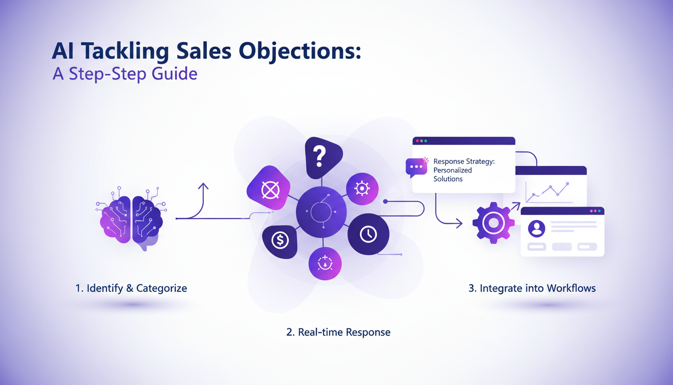 Illustration moderne de l'IA abordant les objections de vente, intégration dans les flux de travail, utilisant des formes géométriques et des dégradés.