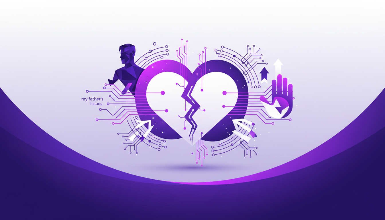 Modern illustration on the impact of parental separation with geometric shapes and indigo, violet gradients, exploring emotions and coping strategies.
