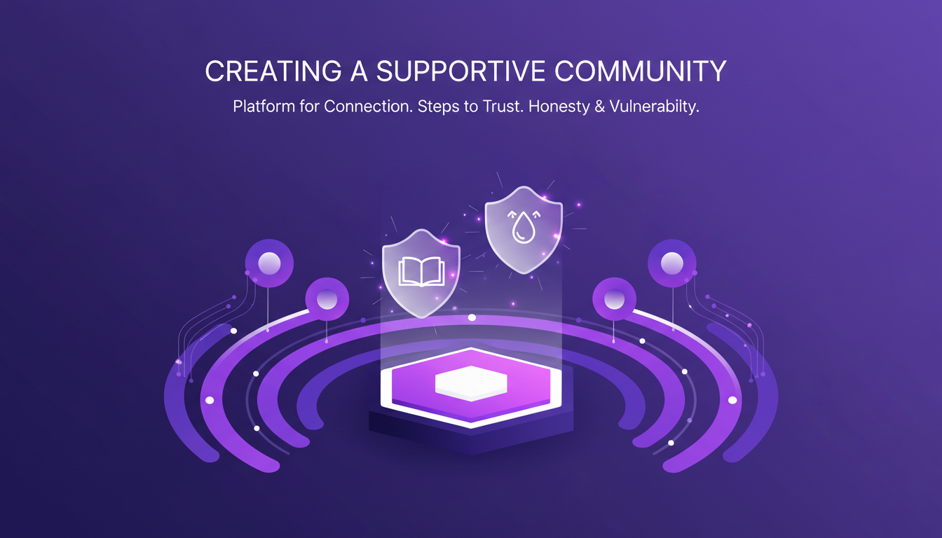 Modern illustration of creating a supportive community, featuring geometric shapes and violet gradients, symbolizing honesty and trust.