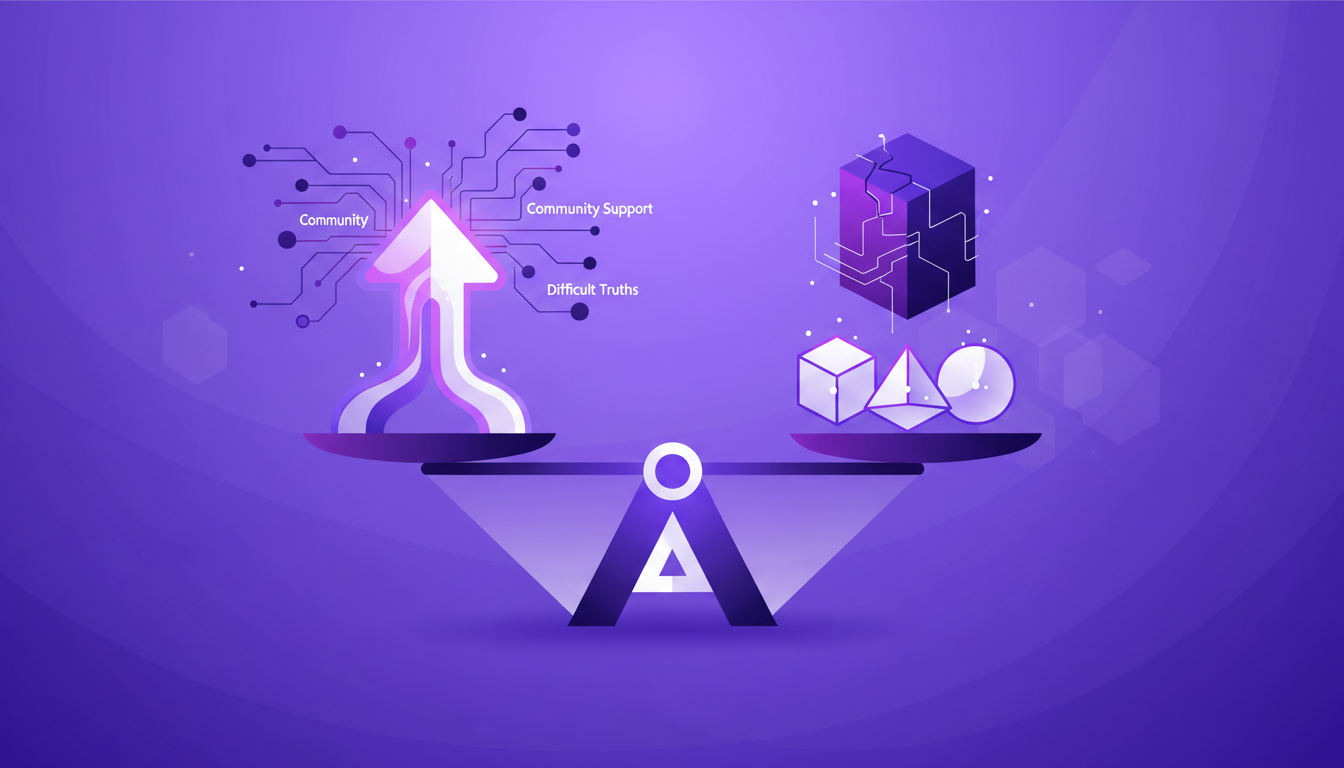 Modern illustration of balancing hope and reality, featuring geometric shapes and violet gradients, symbolizing personal growth.