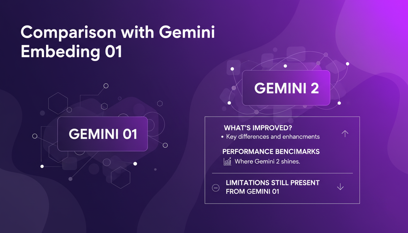 Illustration moderne comparant Gemini Embedding 01 et 02, montrant améliorations, différences clés et performances, style minimaliste.
