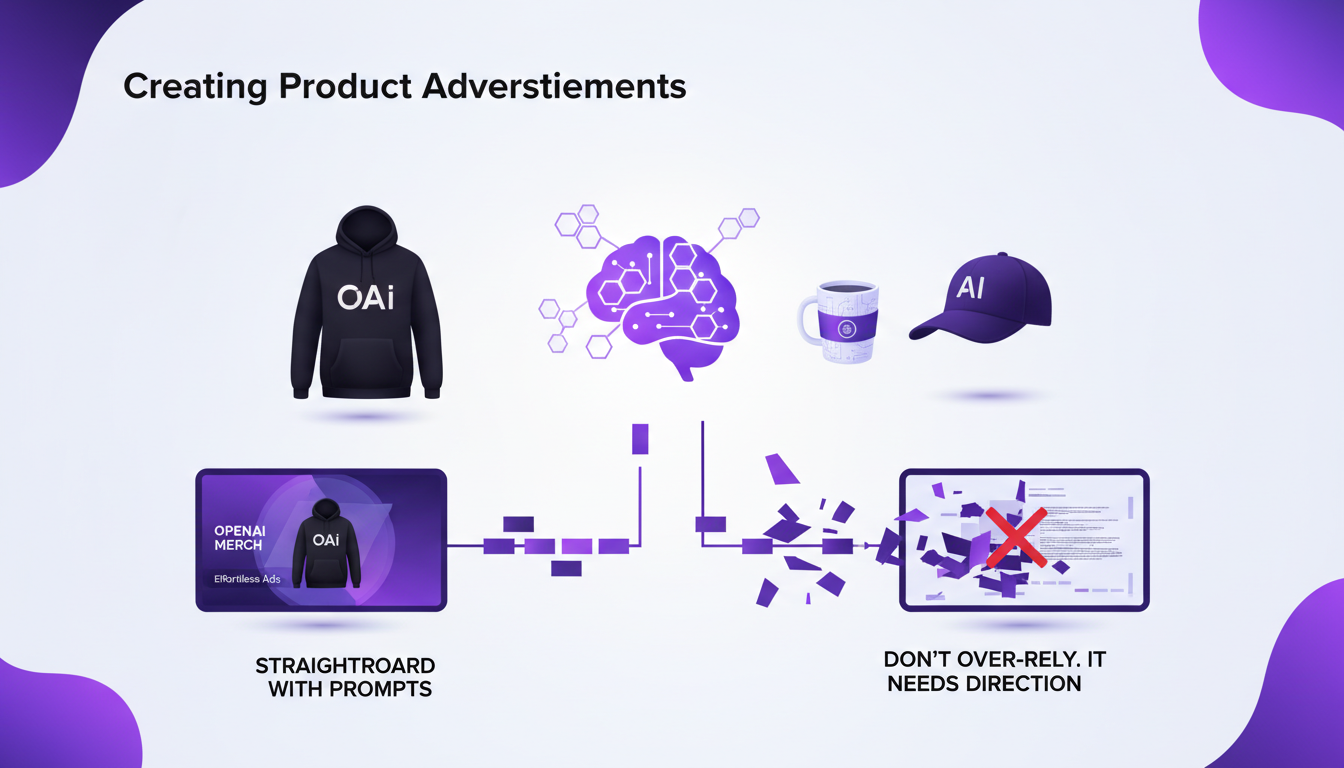 Modern illustration of creating product advertisements with AI, featuring geometric shapes and indigo-violet gradients.