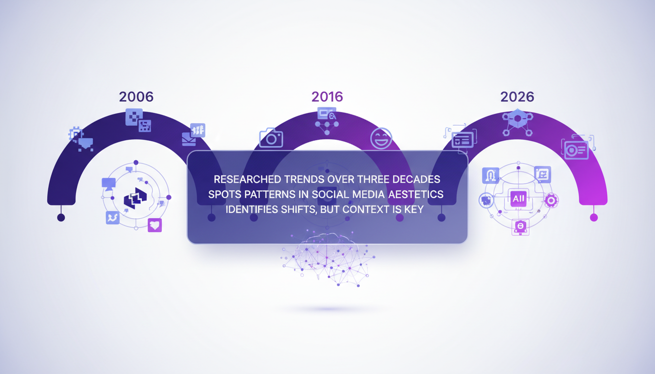 Modern illustration of analyzing social media trends with geometric shapes and violet gradients, AI context.