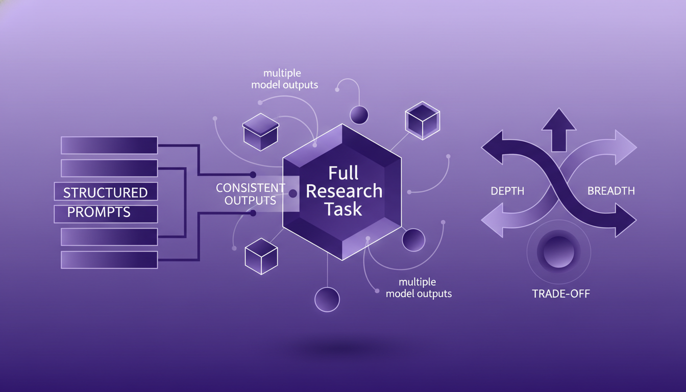 Modern, professional illustration of executing full research tasks in AI, featuring geometric shapes and violet gradients.