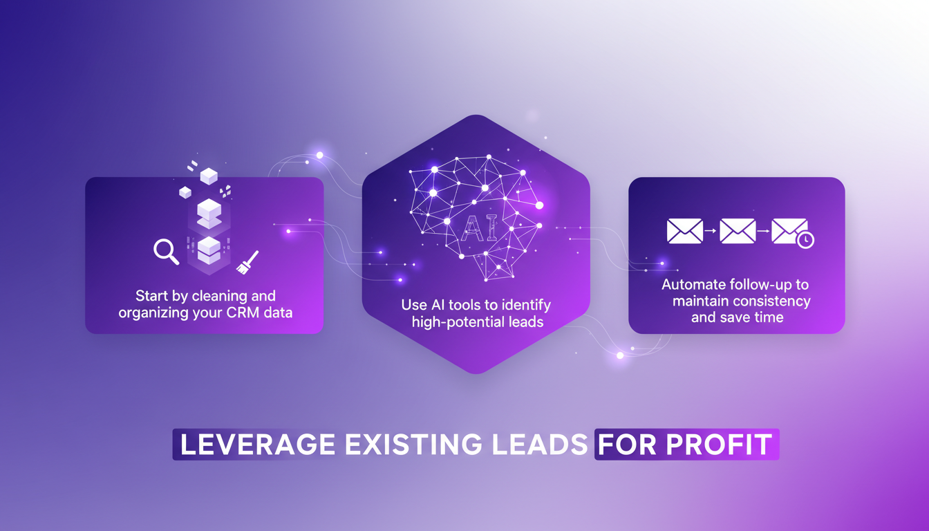 Illustration moderne sur l'utilisation des leads existants pour le profit, avec des outils AI et CRM, dans des tons indigo et violet.