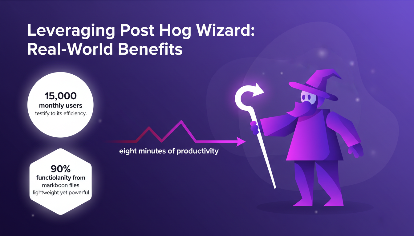 Modern illustration of Post Hog Wizard highlighting real-world benefits, efficiency for 15,000 users, and markdown-driven simplicity.