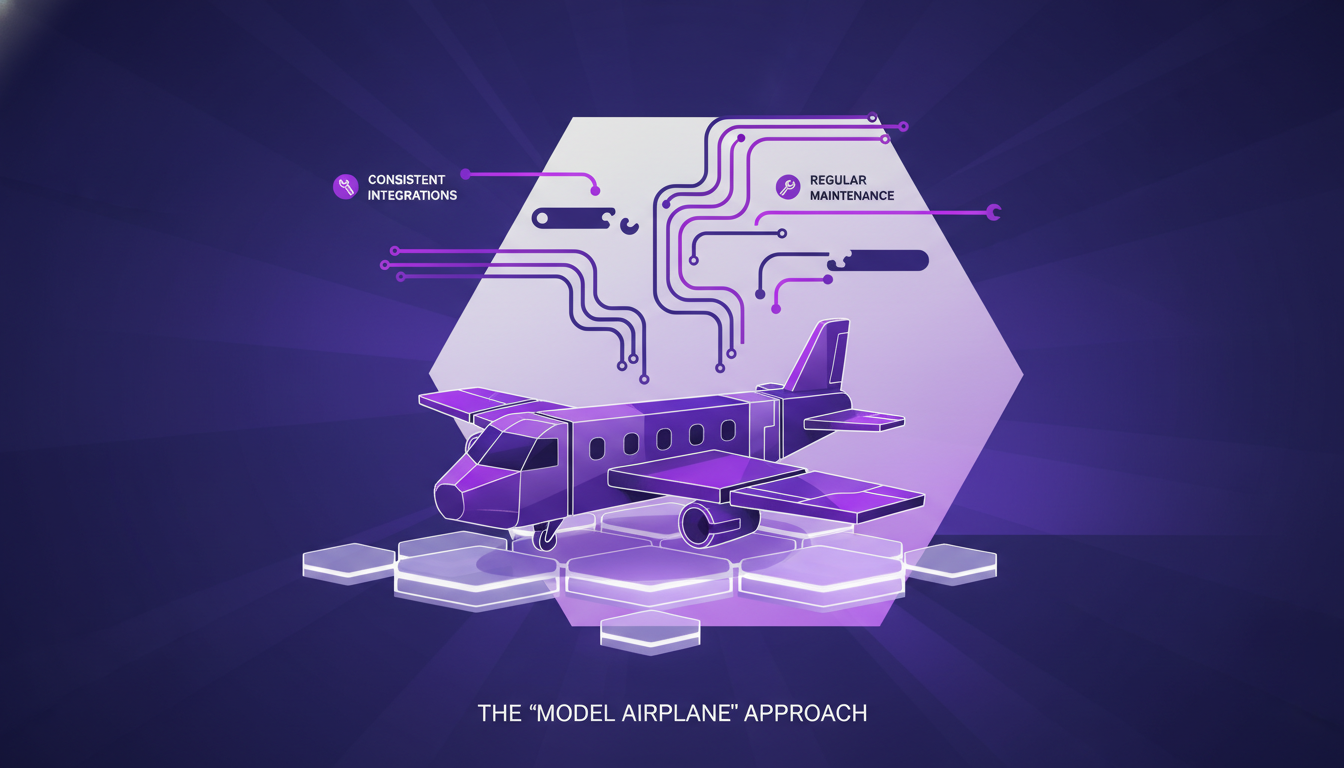 Modern illustration of consistent integrations, 'model airplane' approach, with geometric shapes and indigo-violet gradients.