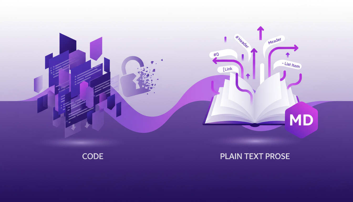 Modern minimalist illustration depicting the shift from code to plain text prose, highlighting clear documentation and Markdown efficiency.