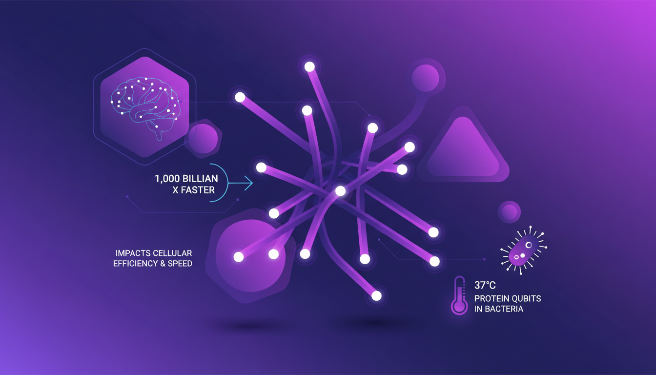 Modern illustration of super radiance's cellular impact, featuring microtubules and protein qubits at 37°C, in indigo and violet hues.