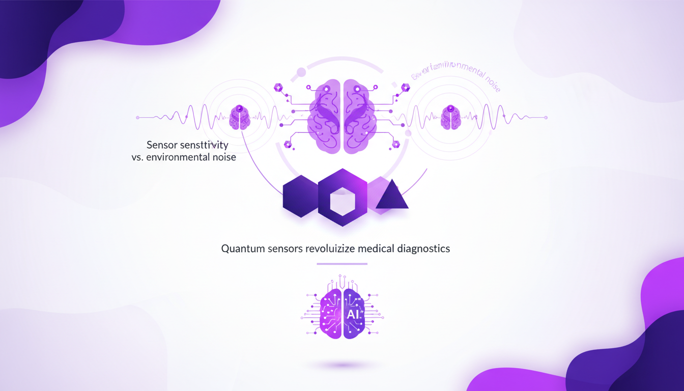 Modern illustration of quantum sensors in medicine, depicting sensors detecting biological changes with geometric shapes and gradient overlays.
