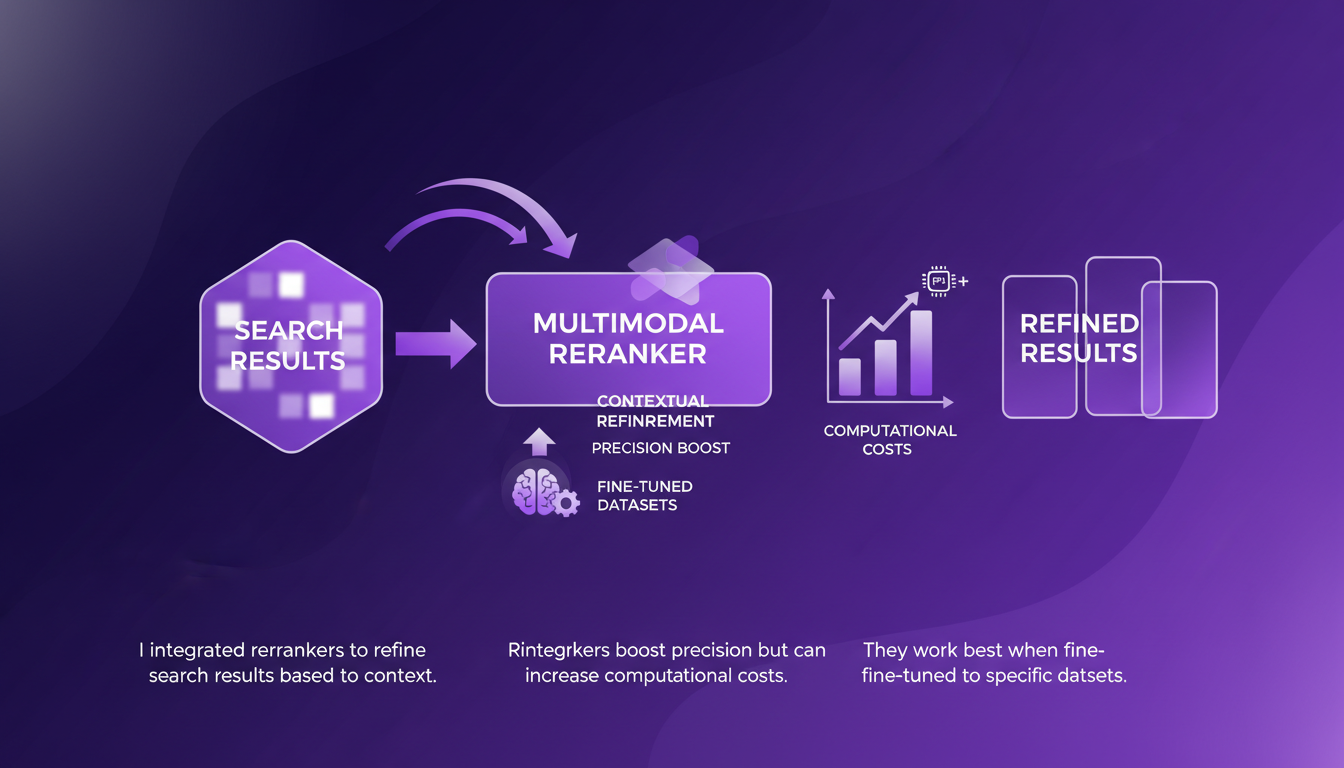 Modern illustration of the role and setup of multimodal reranker models, integrating rerankers to refine search results with AI technology.