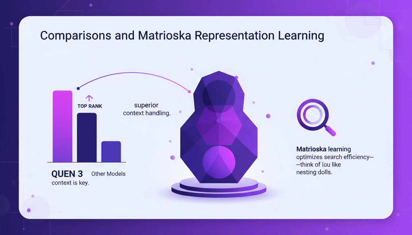 Modern illustration of Matrioska Representation Learning with Quen 3, featuring geometric shapes and violet gradients for AI technology.