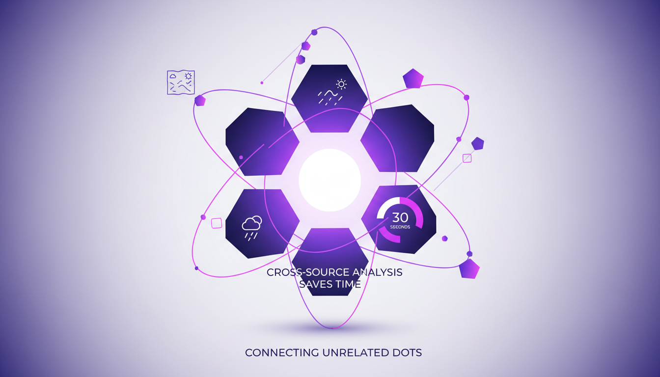 Illustration moderne de l'analyse croisée de sources pour des insights uniques, utilisant des formes géométriques et des dégradés violets.