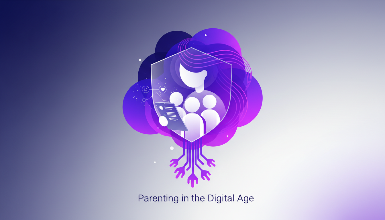 Modern illustration of parenting in the digital age, depicting an influencer parent with three kids, integrating AI technology.