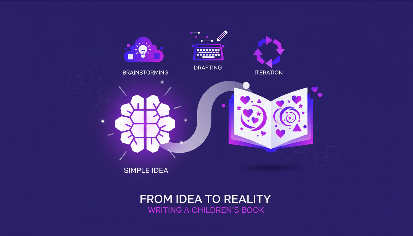 Modern illustration of writing a children's book with geometric shapes and violet gradients, depicting the journey from idea to reality.