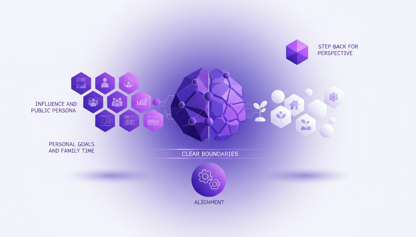 Modern illustration of balancing influence and personal goals with geometric shapes and violet gradients, reflecting AI technology.