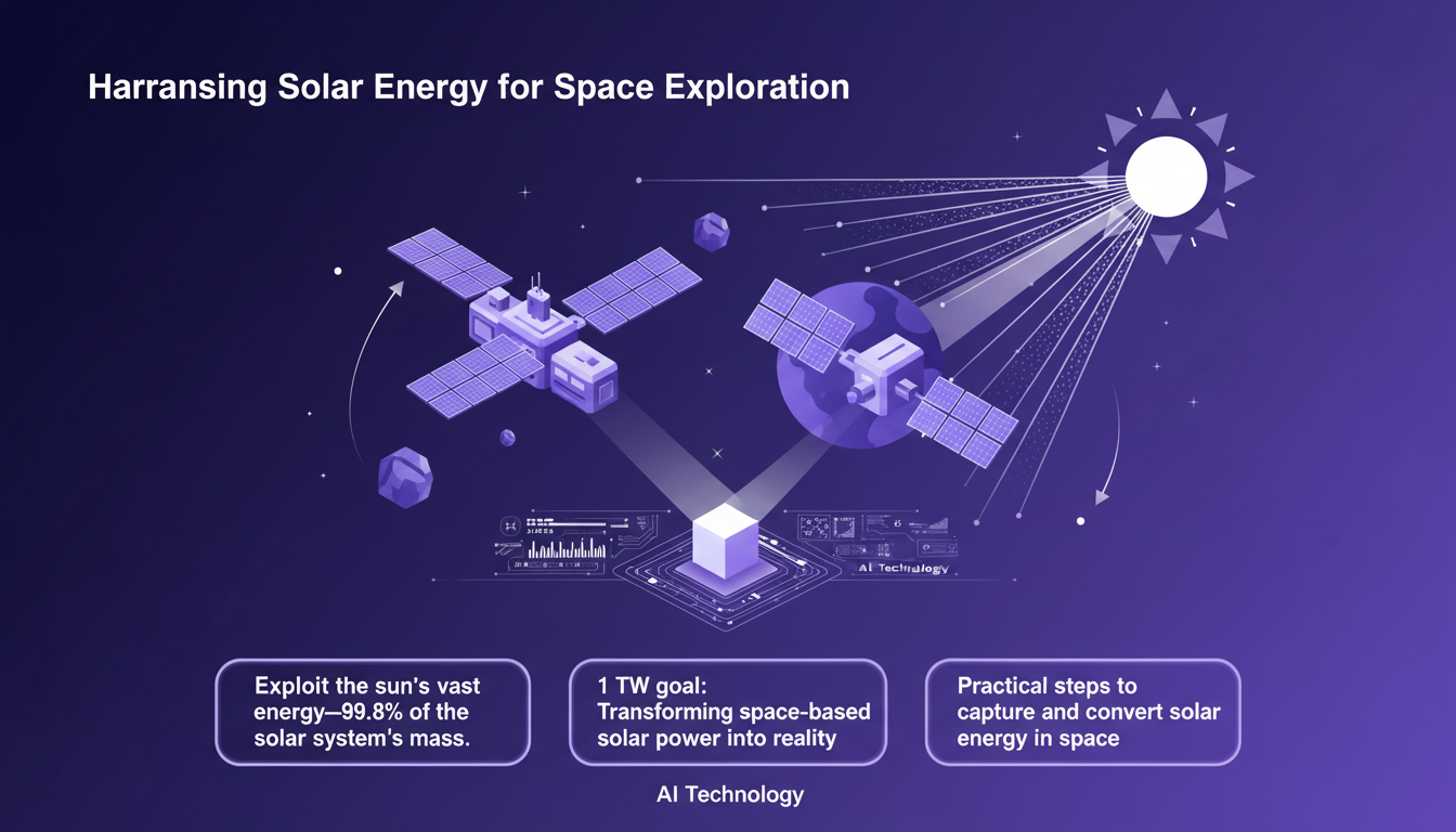 Modern illustration of harnessing solar energy for space exploration, featuring geometric shapes and subtle gradient overlays.