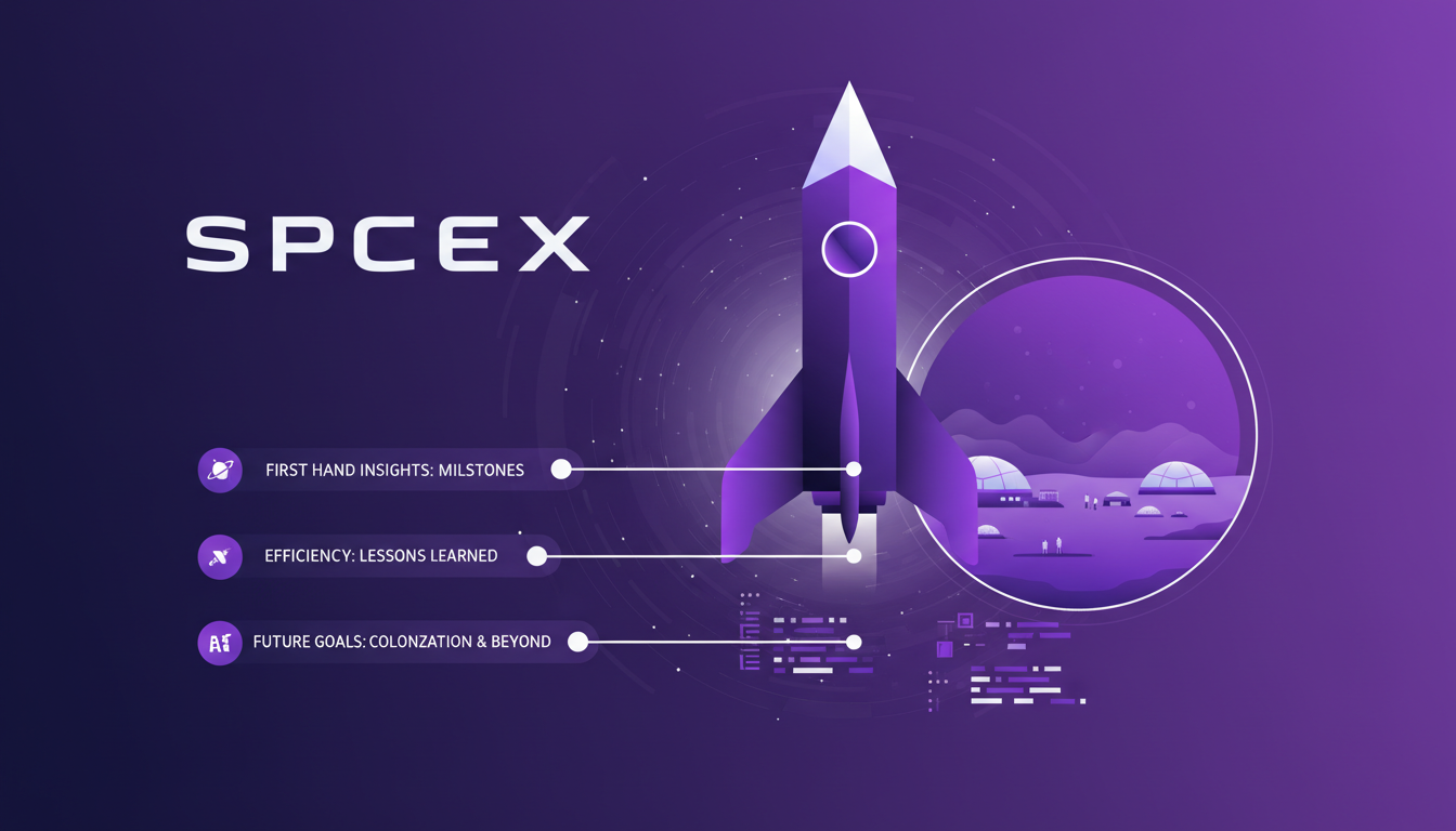 Modern illustration of SpaceX showcasing achievements and future goals, Mars colonization, rocket technology efficiency.