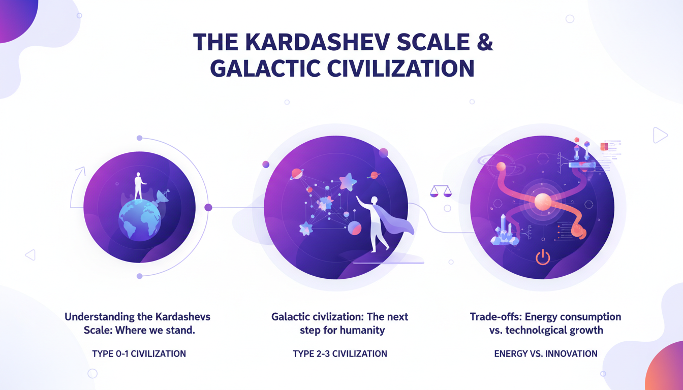 Modern illustration of the Kardashev Scale and galactic civilization, geometric shapes, indigo and violet gradients, AI technology.